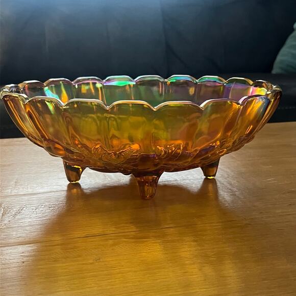 Large Vintage Iridescent Amber Indiana Carnival Glass Fruit Bowl - Picture 5 of 6